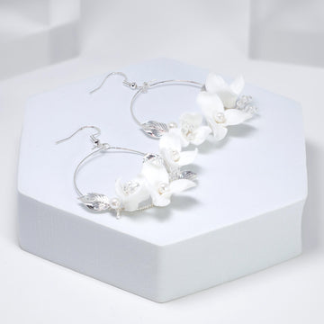 Faux Pearl Ceramic White Flower Dangle Hoop Earrings, Bridal Jewelry, Pearl Bridal Earrings, Statement Dangle Earrings